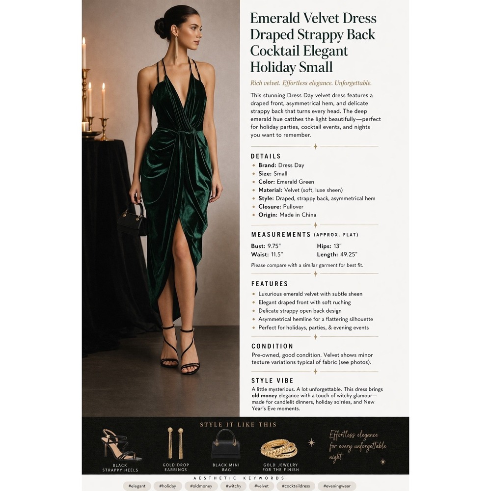 Dress Day Emerald Green Velvet Draped Strappy Back Asymmetrical Cocktail Dress S